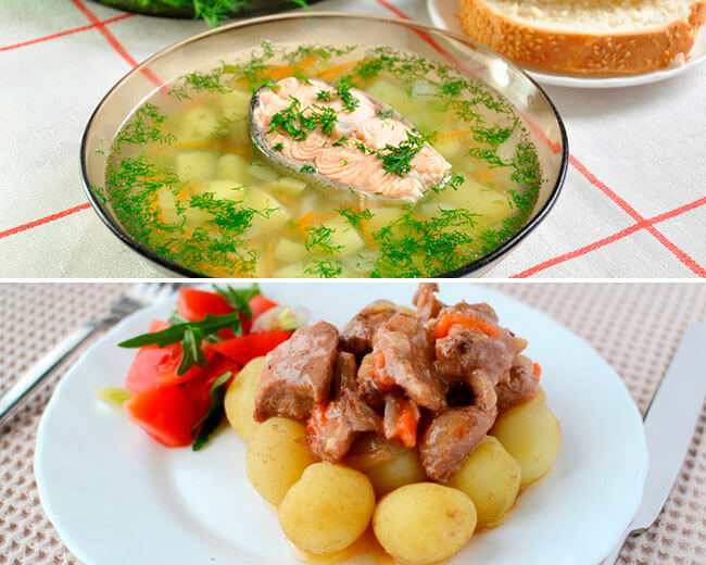 Уха с форелью и картофель с мясом