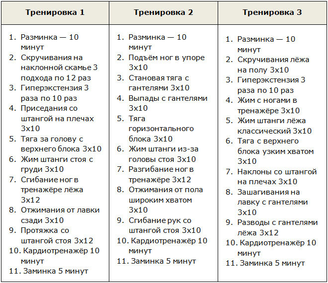 Комплекс упражнений для занятий в тренажерном зале для мужчин