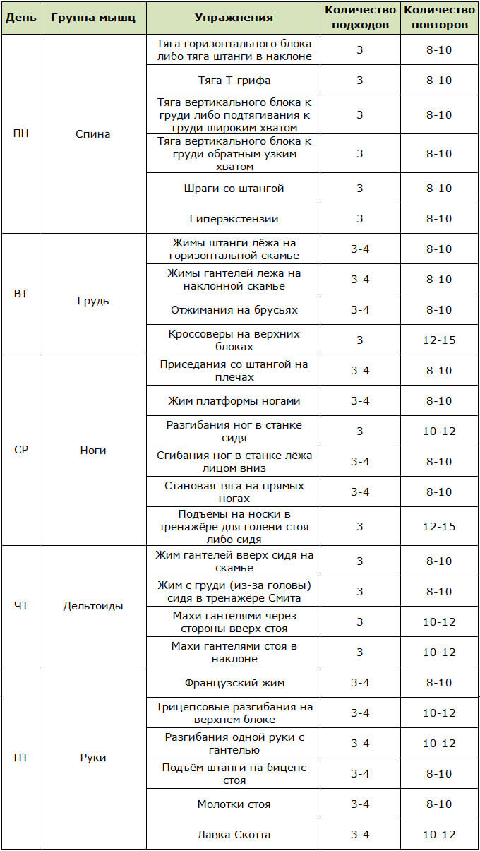 Программа сплит тренировок для мужчин на 5 дней