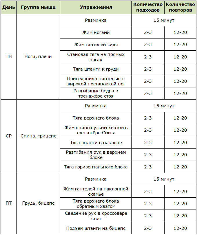 Программа сплит тренировок для девушек на 3 дня